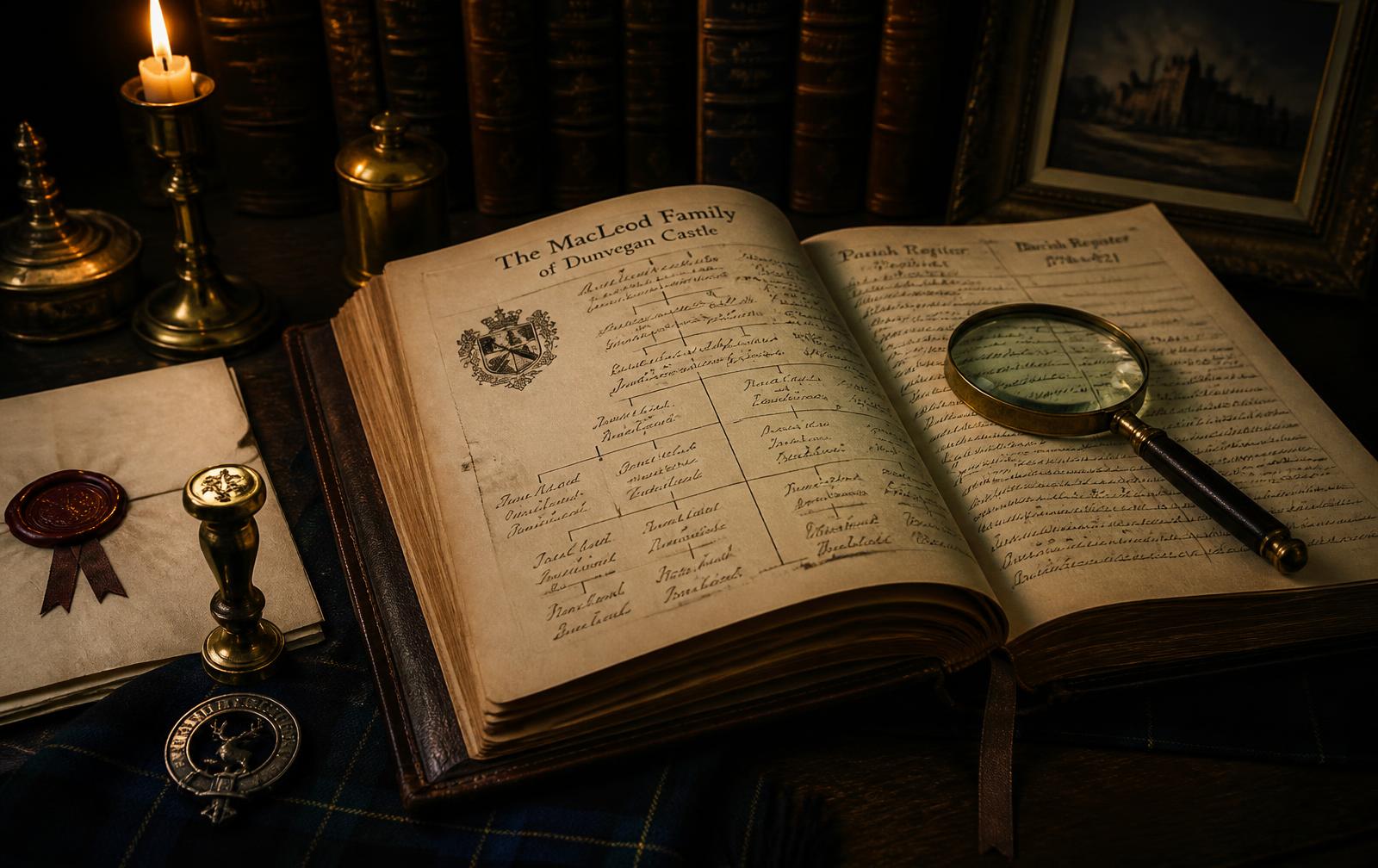A leather-bound Scottish family genealogy ledger open beside parish registers and a wax-sealed letter