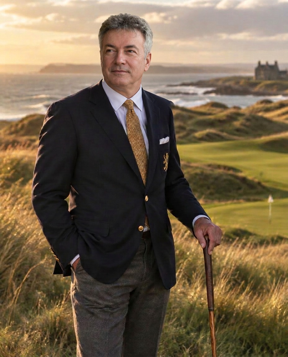 John Campbell, Chief Concierge of North of the Wall Golf, on a Scottish links at golden hour