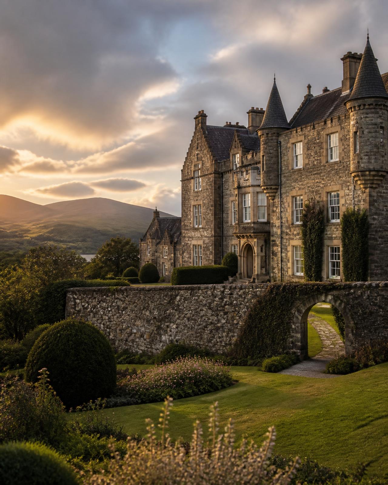 A private Scottish castle estate at golden hour, available for exclusive use