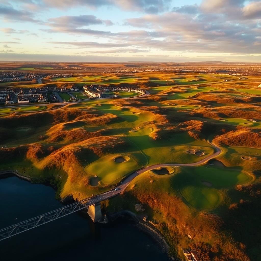 Aerial view of the Old Course at St Andrews at dusk, showing the double greens and the West Sands beyond