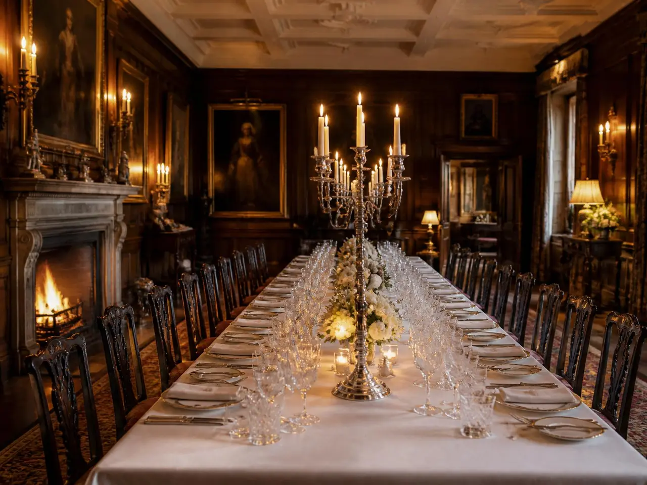 Long candlelit dining table set for a large private celebration at Ardfin
