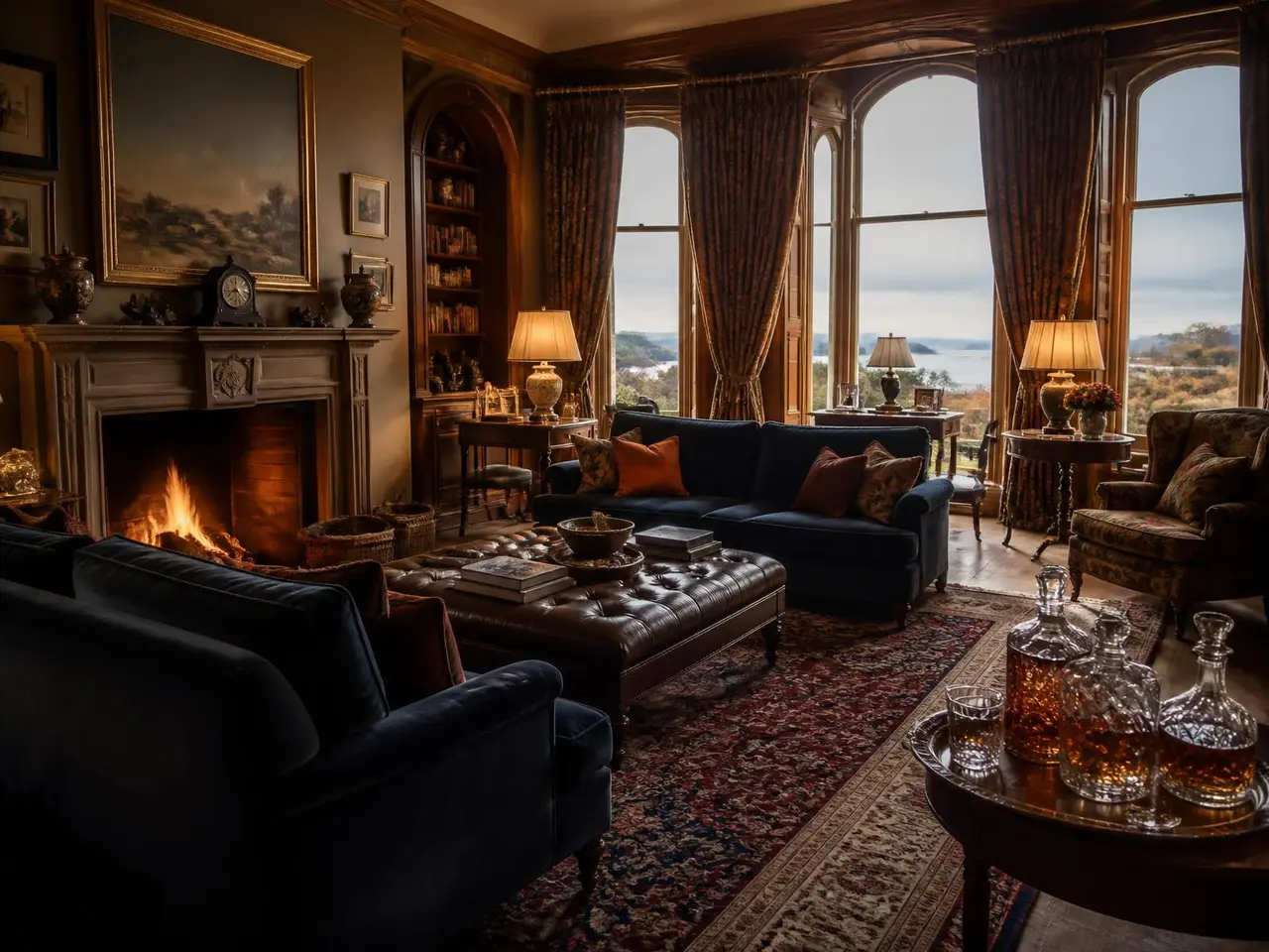 Drawing room at Ardfin with a lit fire, decanters and sea views