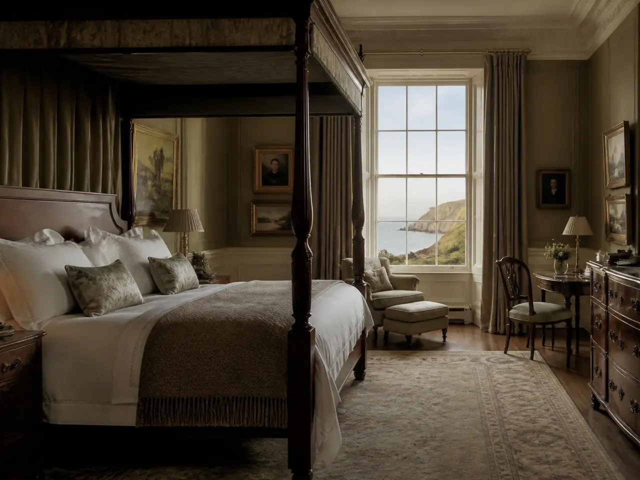 Principal bedroom at Ardfin with a four-poster bed and Atlantic view