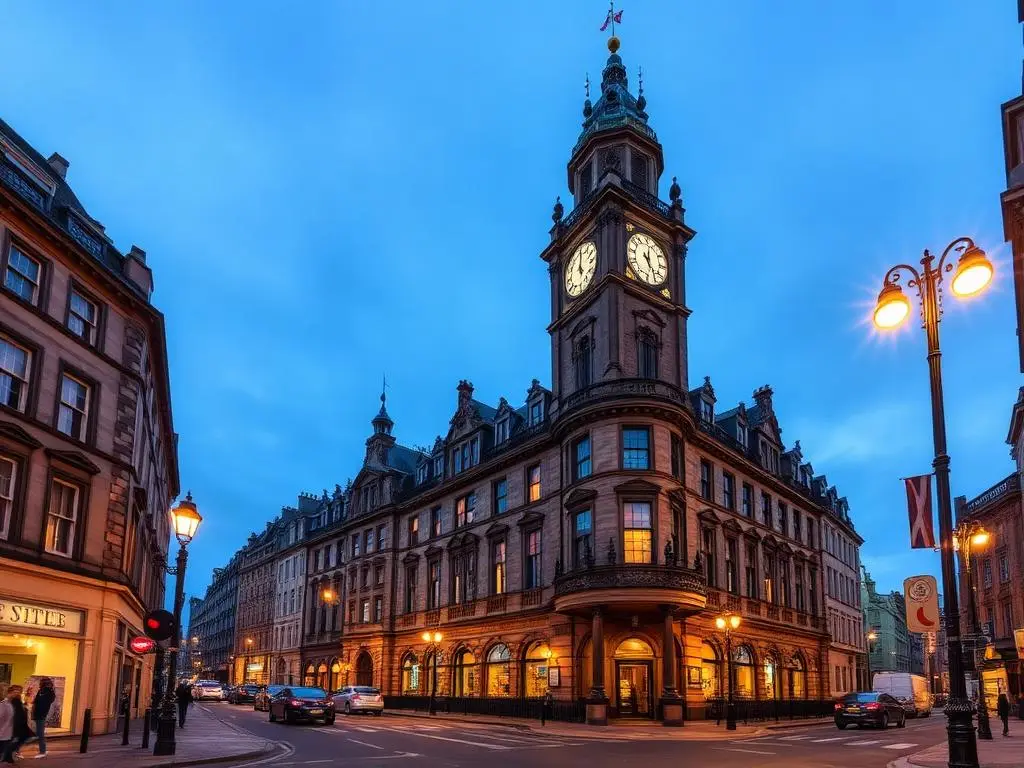 Victorian clock-tower hotel on an Edinburgh street at blue hour