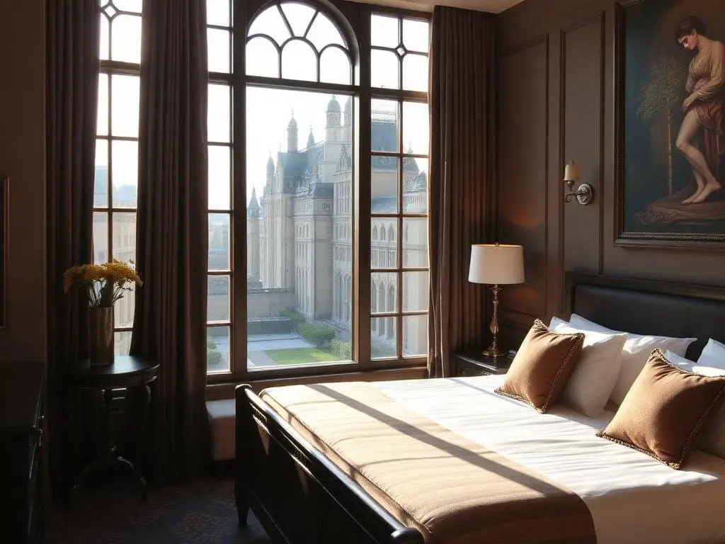 City hotel suite with castle view through tall windows
