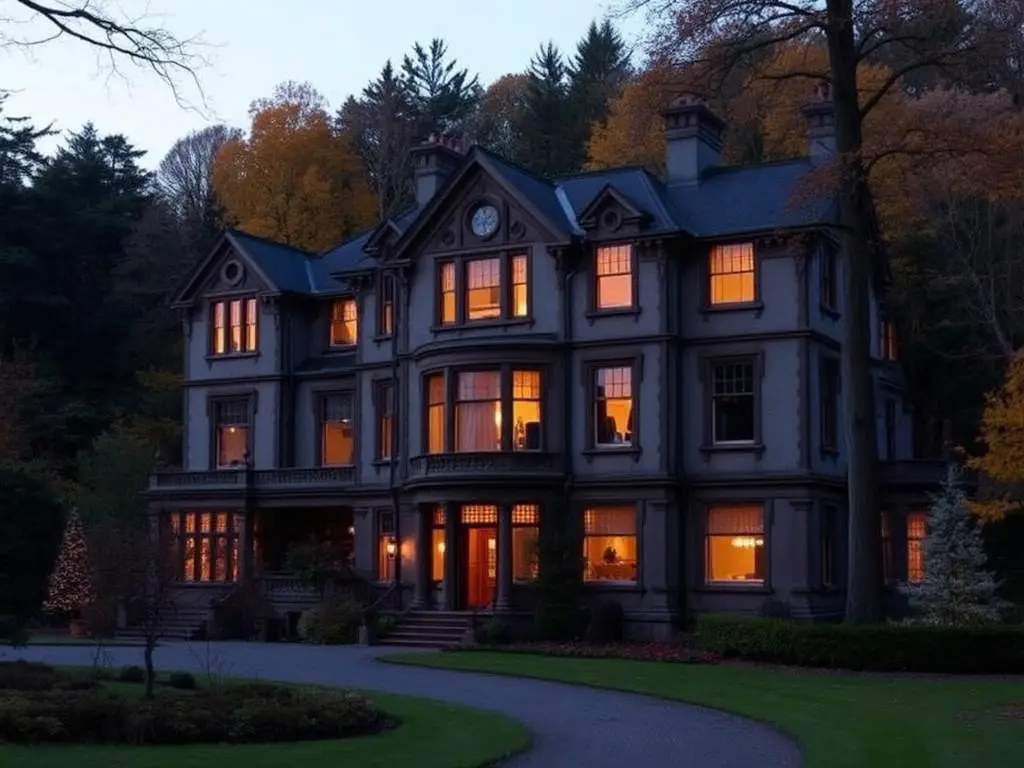 Victorian mansion hotel among wooded Perthshire acres at dusk
