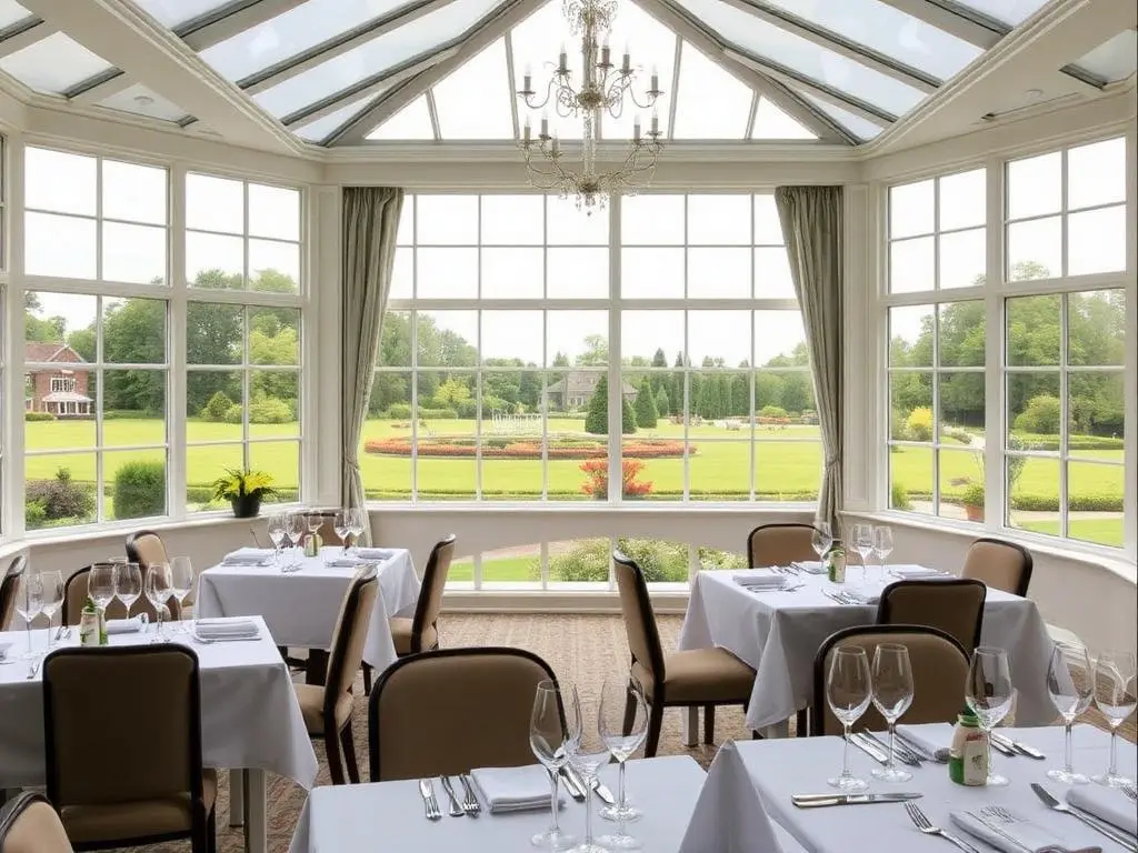 Glass conservatory restaurant overlooking country house lawns