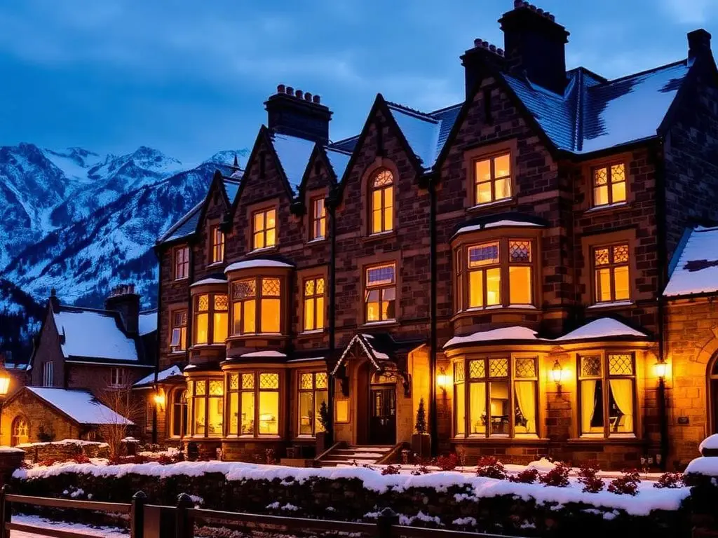Victorian granite coaching inn in a Highland village under snowy peaks