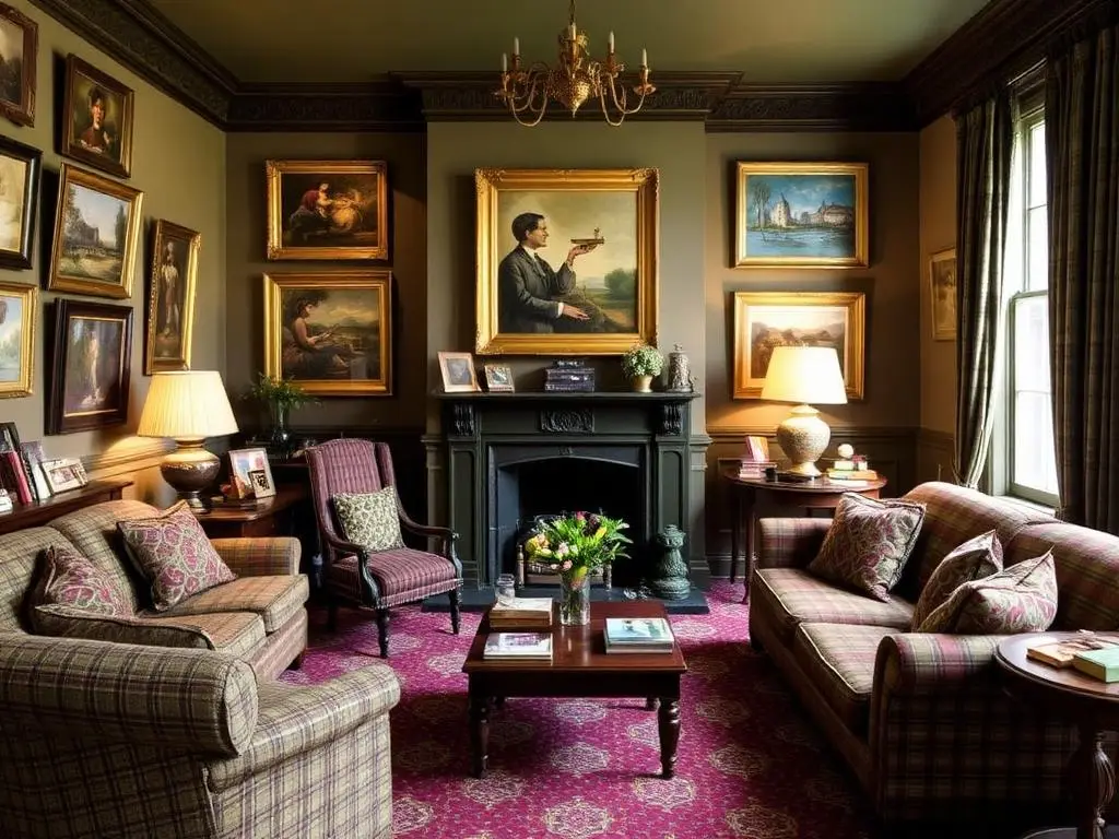 Art-filled hotel sitting room with antiques and salon-hung paintings
