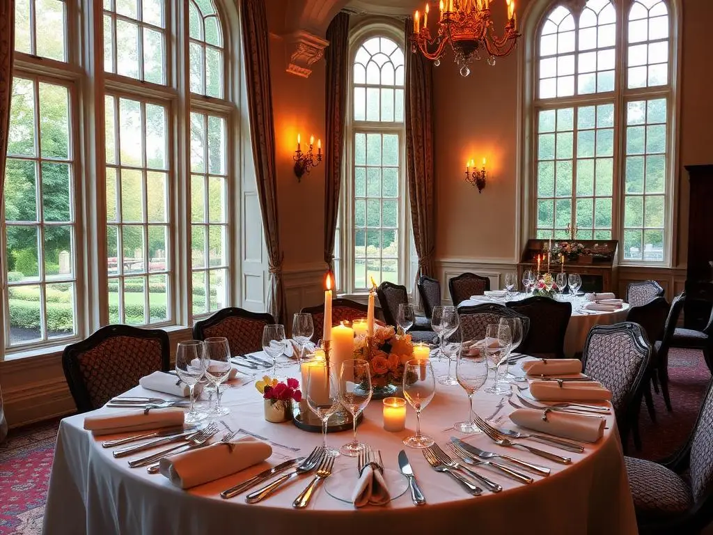 Castle hotel dining room set with candles and silver