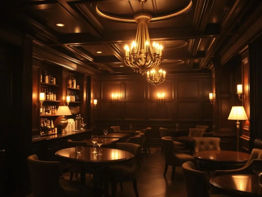 Dark-panelled hotel cocktail bar with brass and lamplight