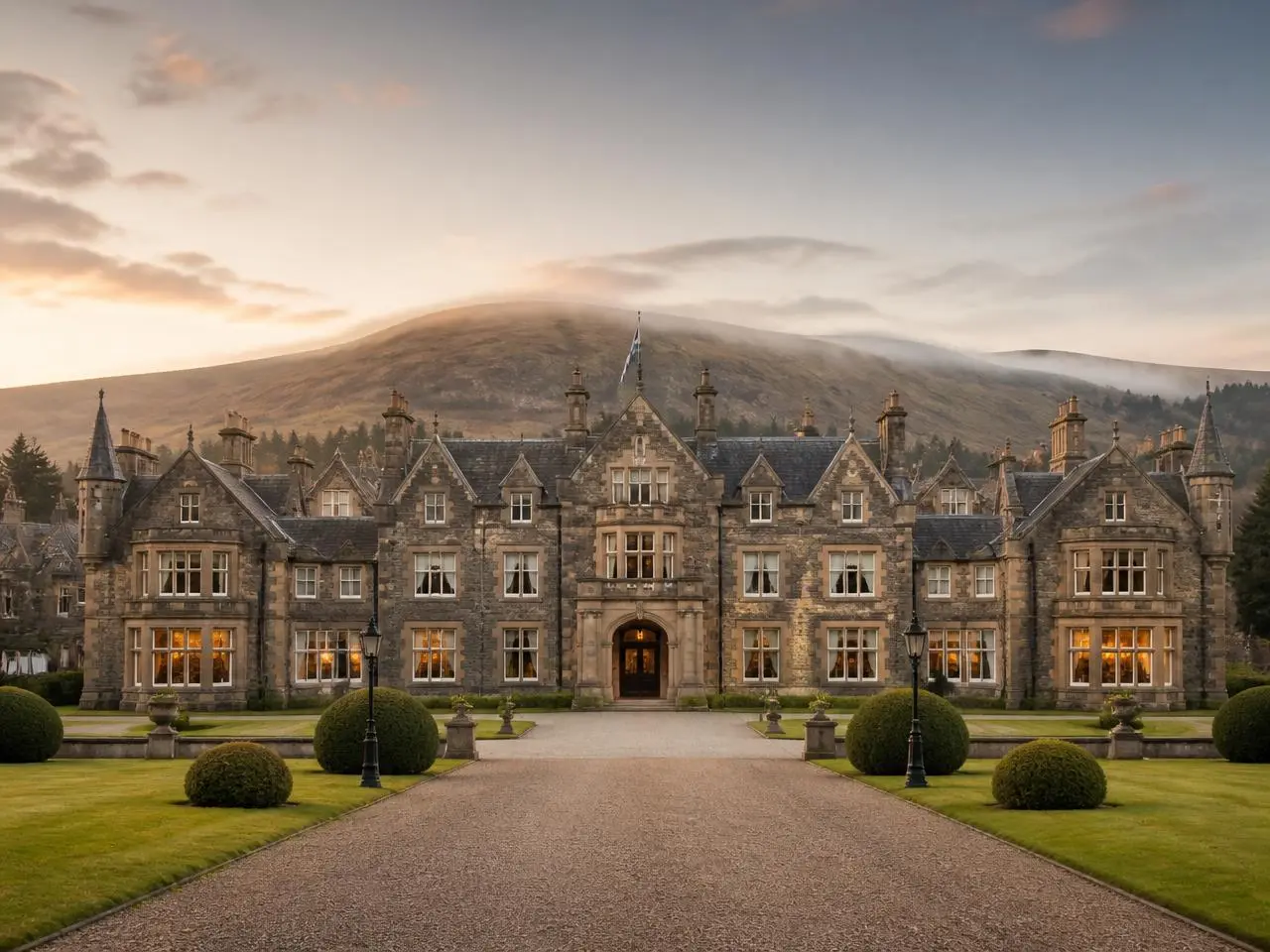 Wide view of the Gleneagles house from the gravel approach at dawn
