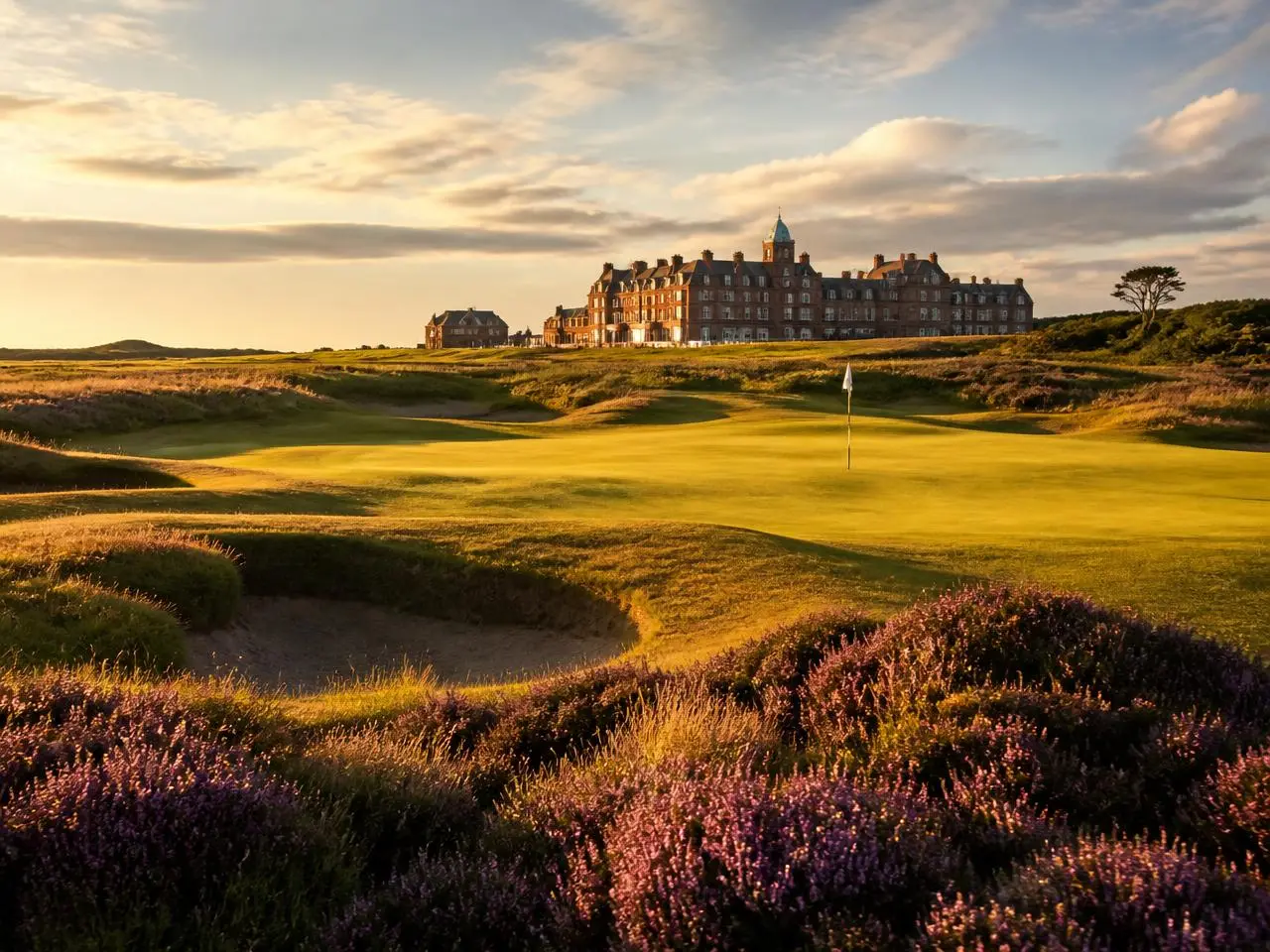 King's Course finishing green with the hotel on the horizon at sunset