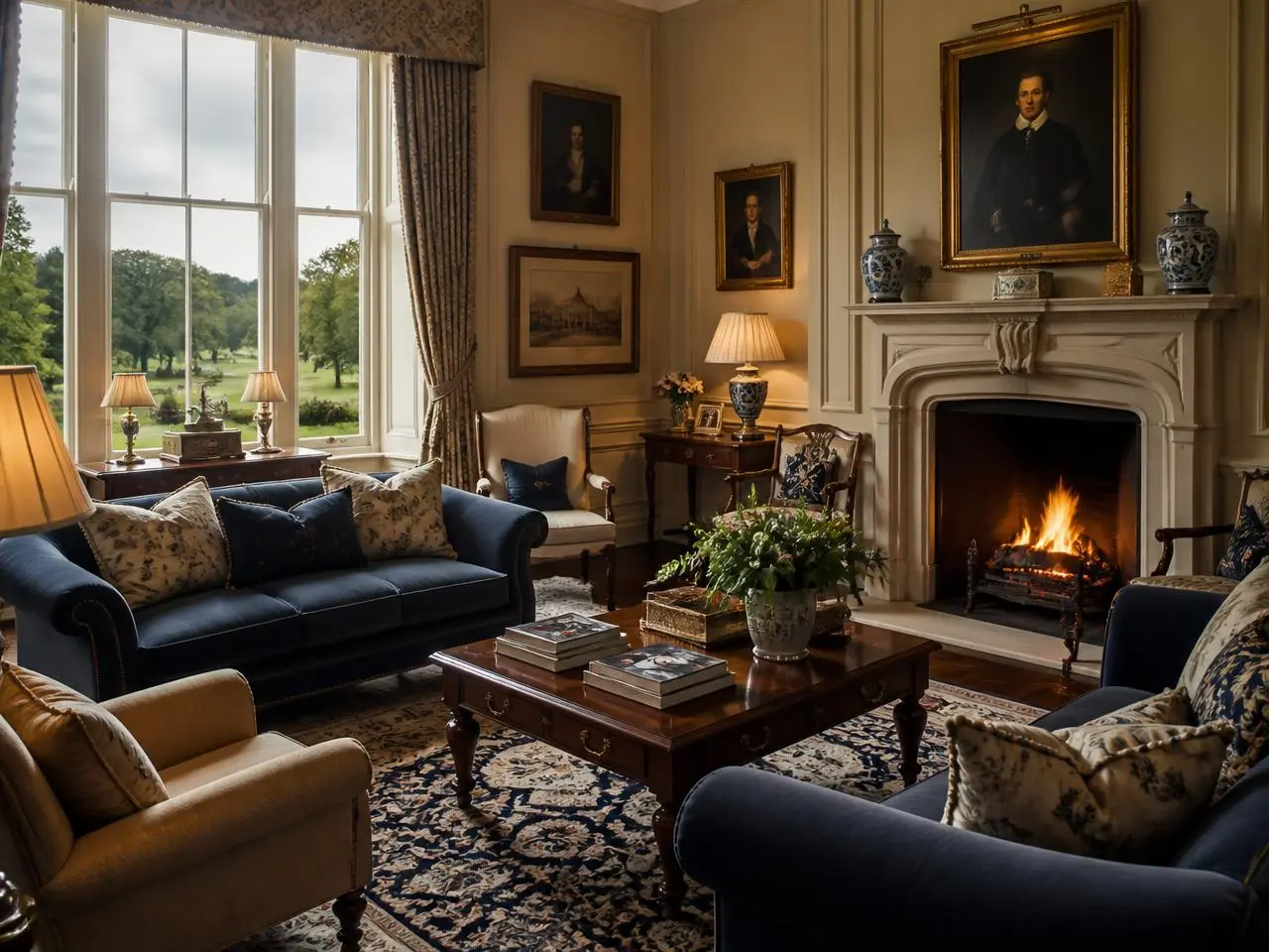 Country house drawing room with log fire and parkland windows
