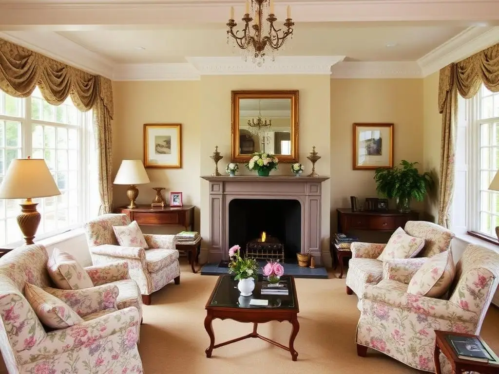 Country house drawing room with fireplace and garden windows