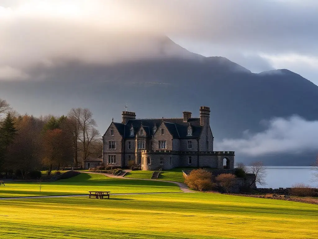 Highland castle hotel below a great mountain beside a loch in mist