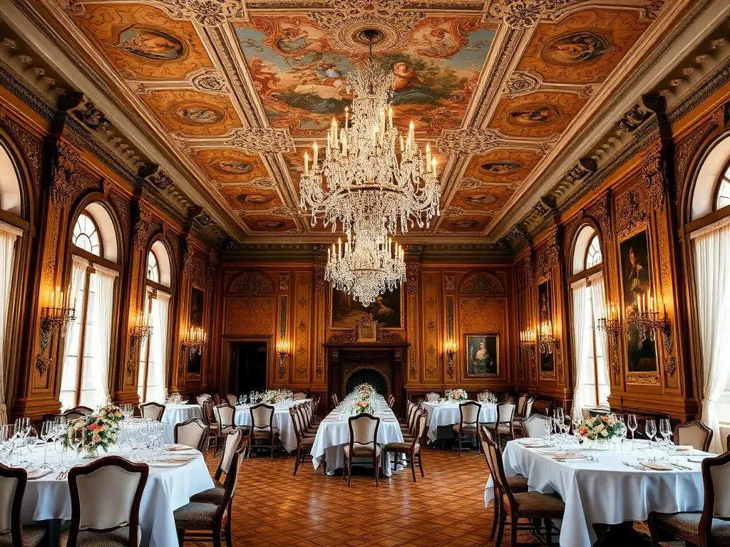 Ornate castle dining room with frescoed ceiling and chandeliers