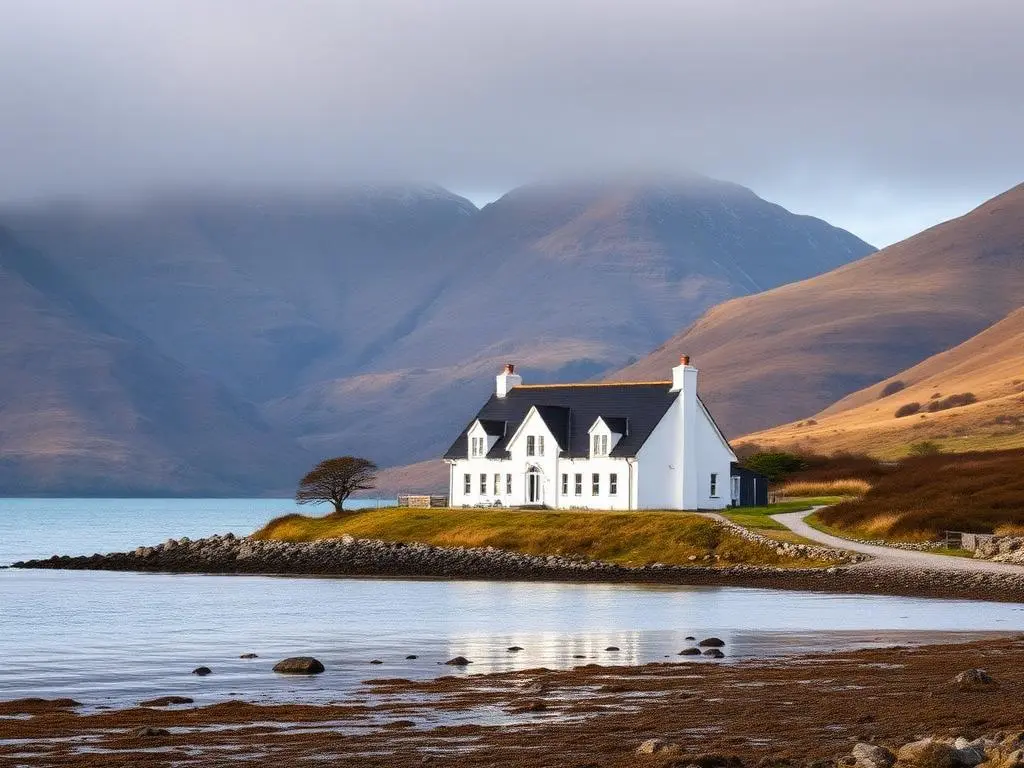 White Highland lodge on the shore of a sea loch on Skye
