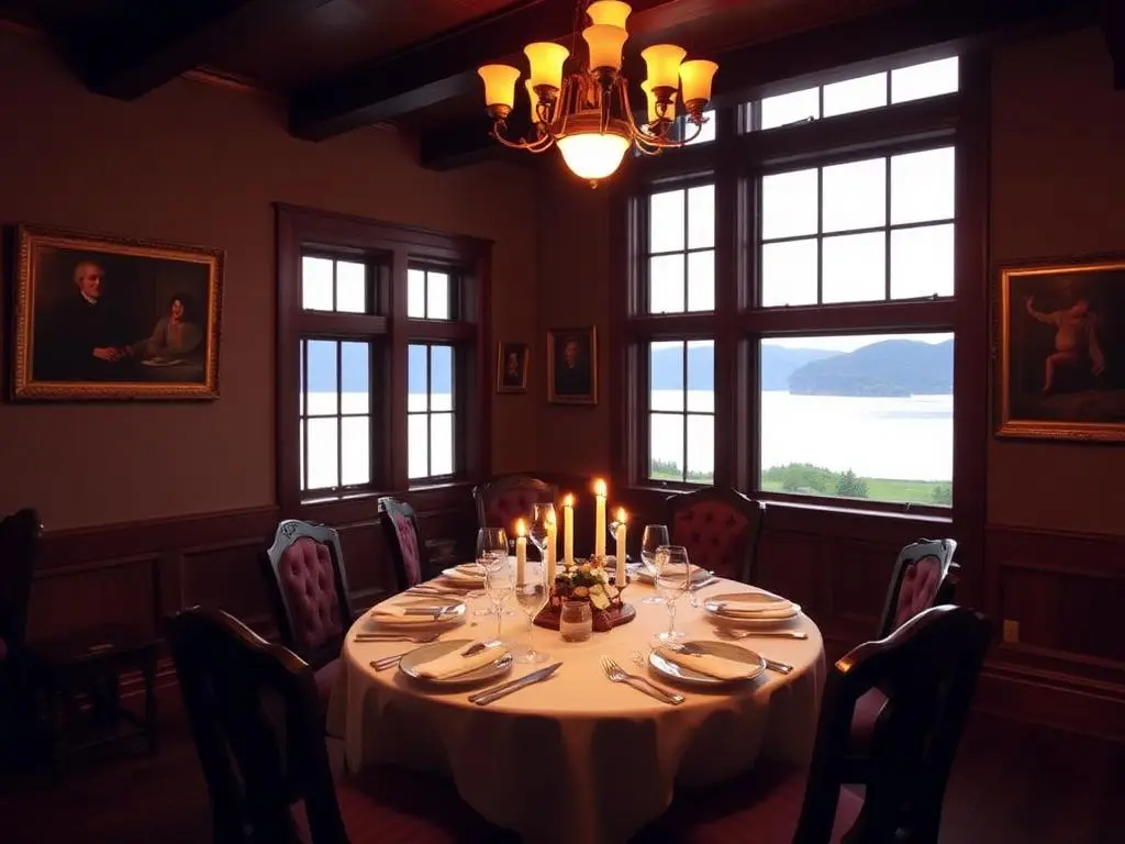 Intimate lodge dining room with candlelight and loch views