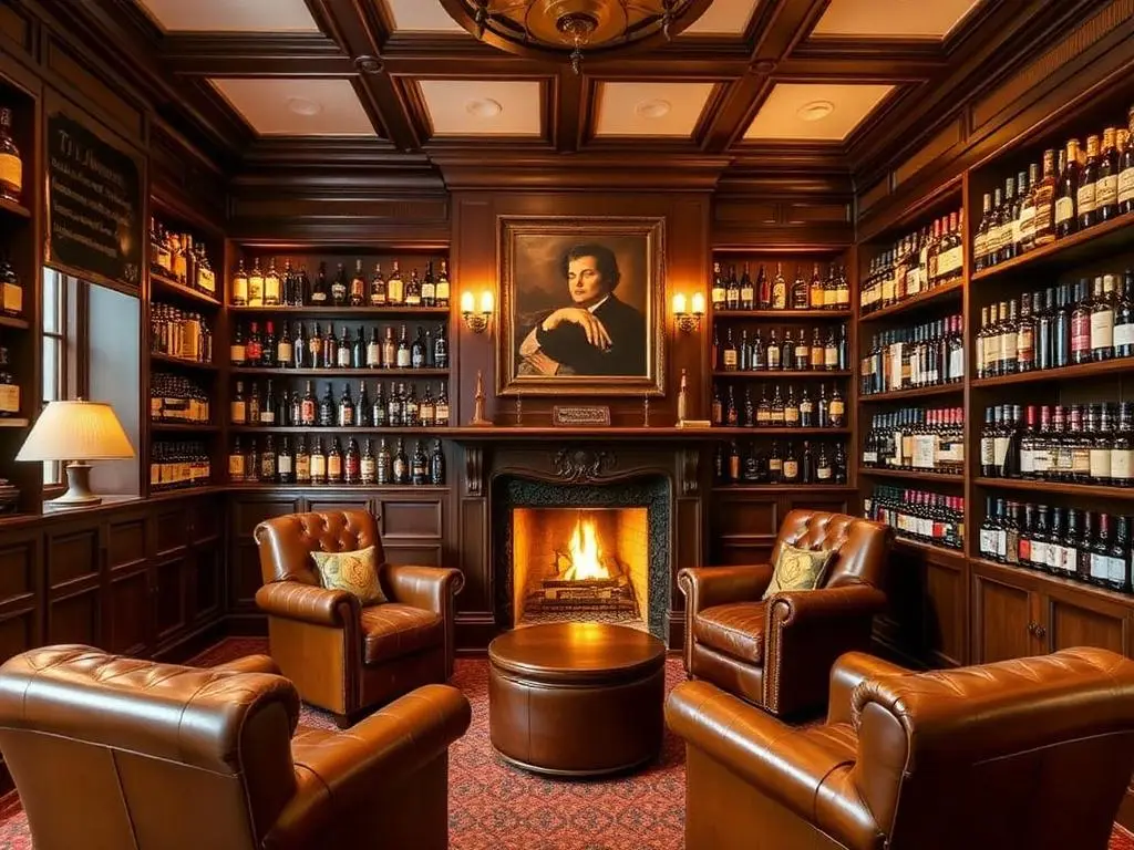 Panelled whisky library with leather chairs and firelight