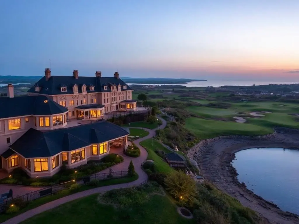 Resort hotel above coastal links and estuary at dusk