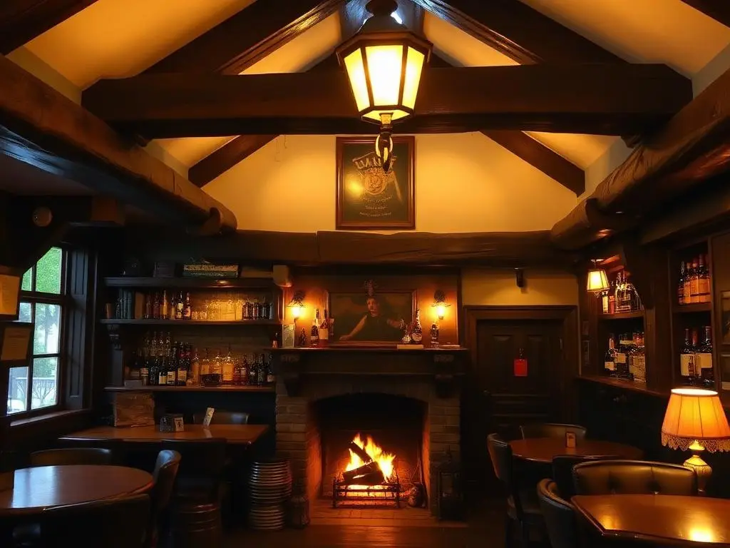Traditional Scottish inn interior with fire and whisky bottles