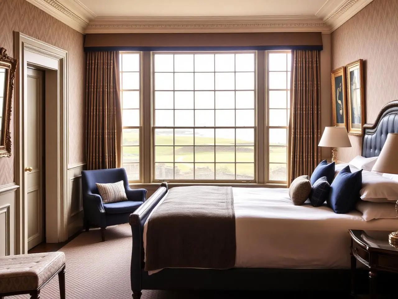 Hotel bedroom with a sash window framing the St Andrews links and sea