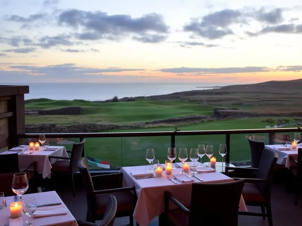 Rooftop restaurant terrace above the links set for dinner at dusk
