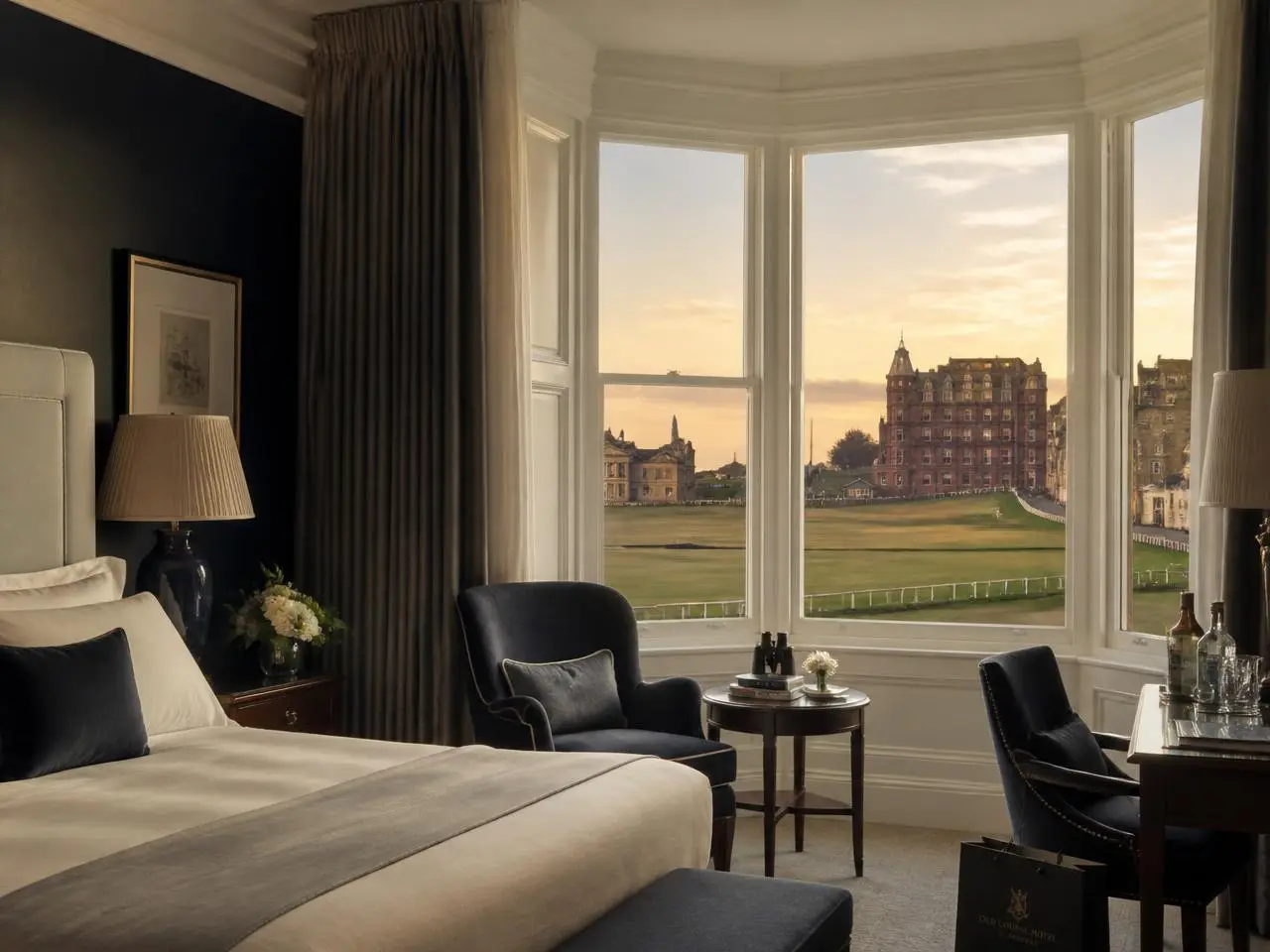 Suite overlooking the Old Course at St Andrews at golden hour