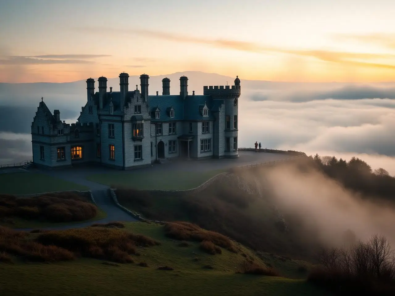 Highland castle exterior at dawn above mist and parkland