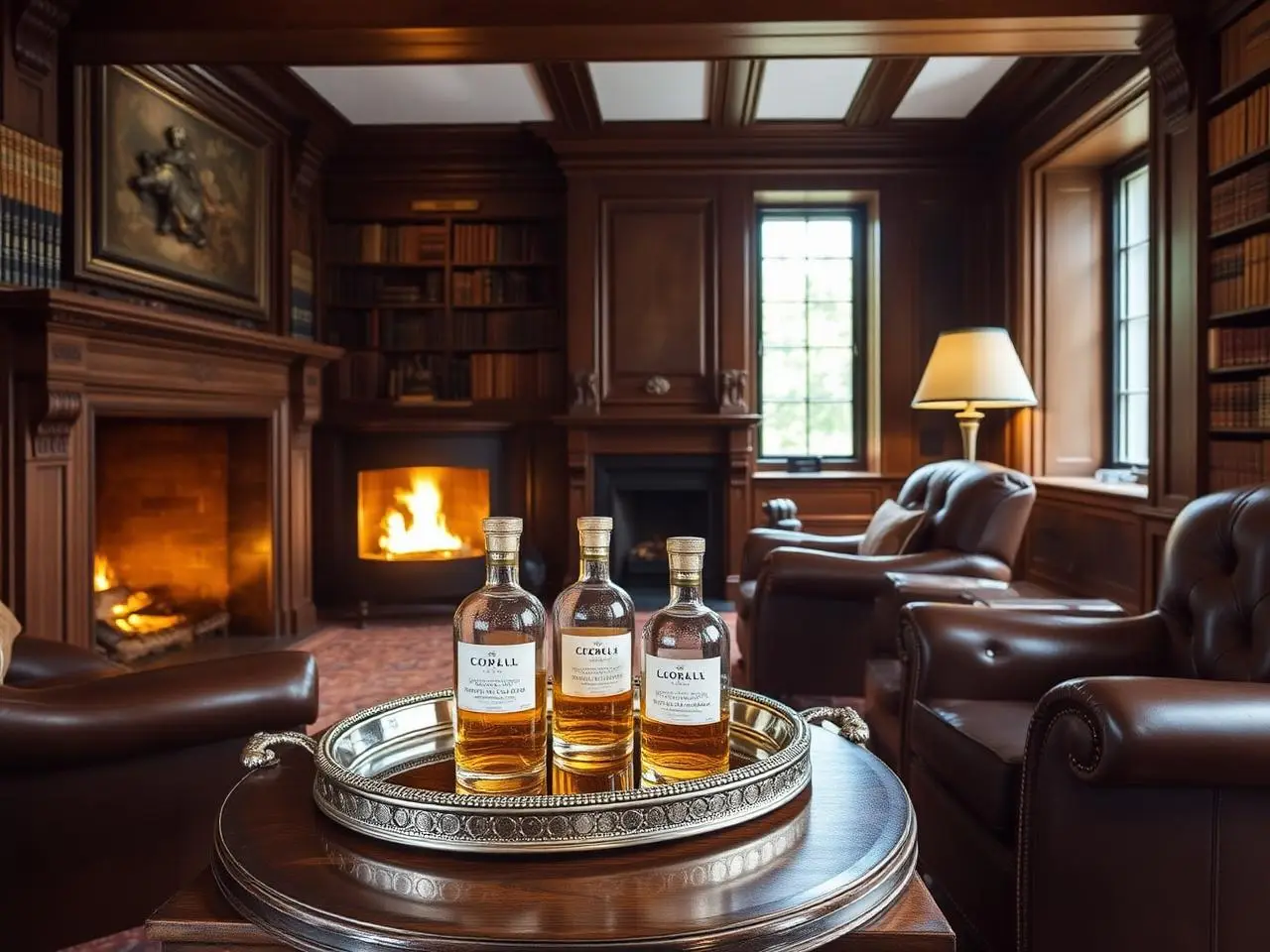 Panelled castle library with whisky decanters and a lit fire