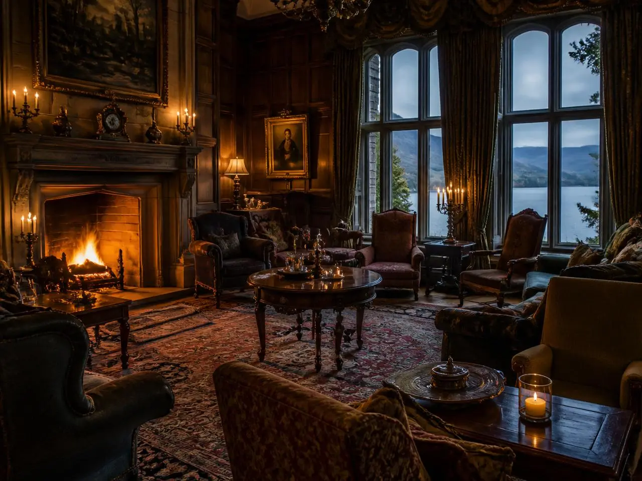 Candlelit drawing room of a Highland castle hotel with loch views