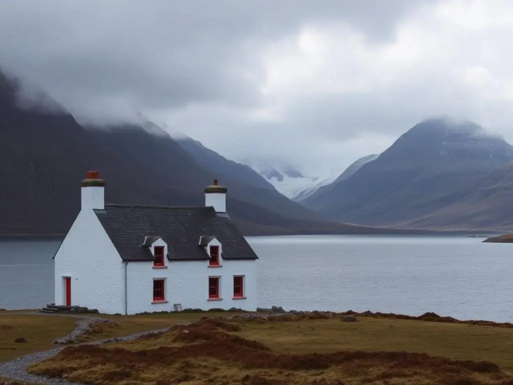 White former shooting lodge on a sea loch beneath Torridon mountains