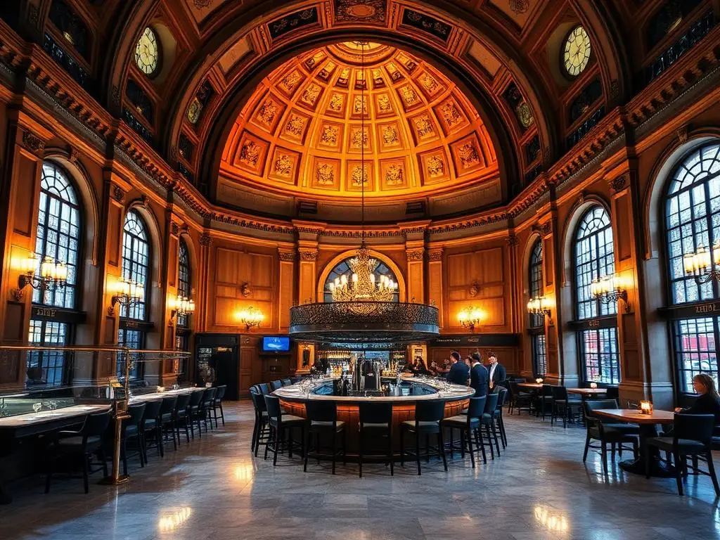 Domed brasserie inside a converted banking hall with marble bar