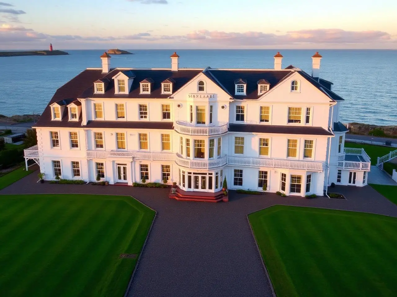 White clifftop hotel facade above the Ayrshire coast at golden hour