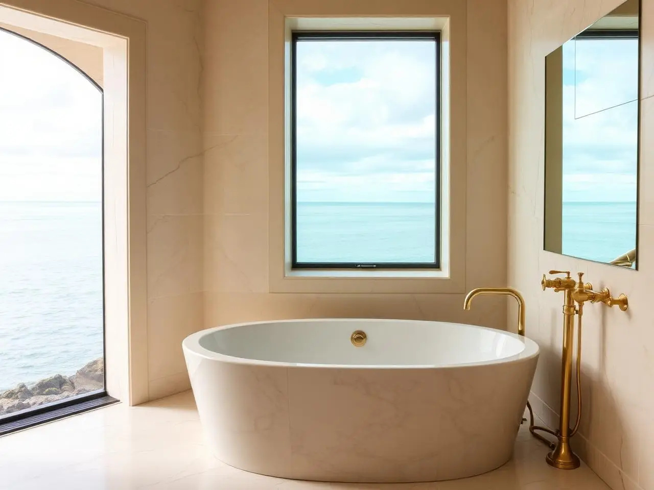 Marble bathroom with soaking tub and open sea view