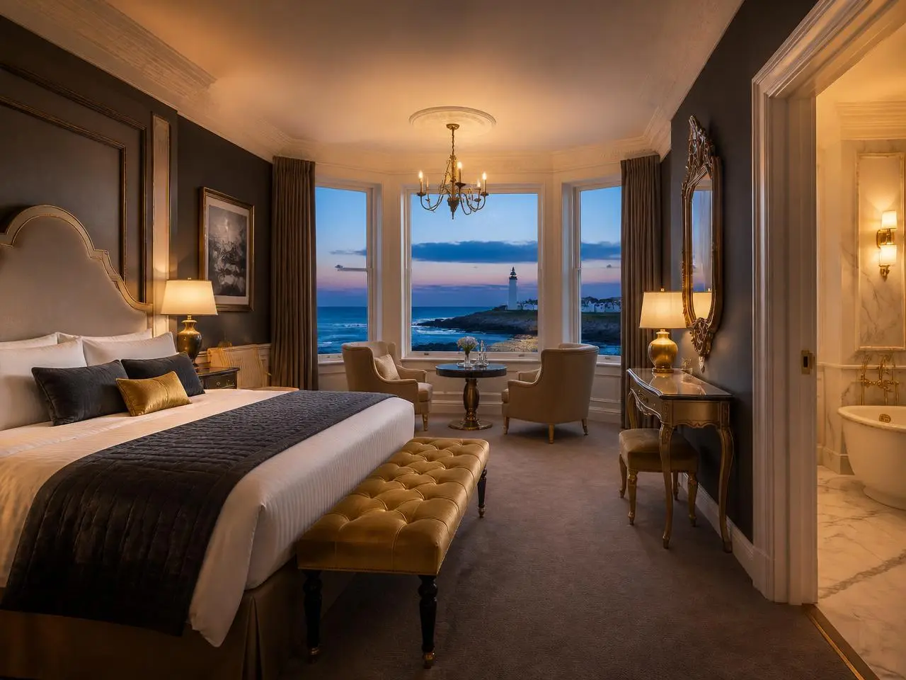 Coastal hotel suite at dusk with lighthouse view on the Ayrshire coast