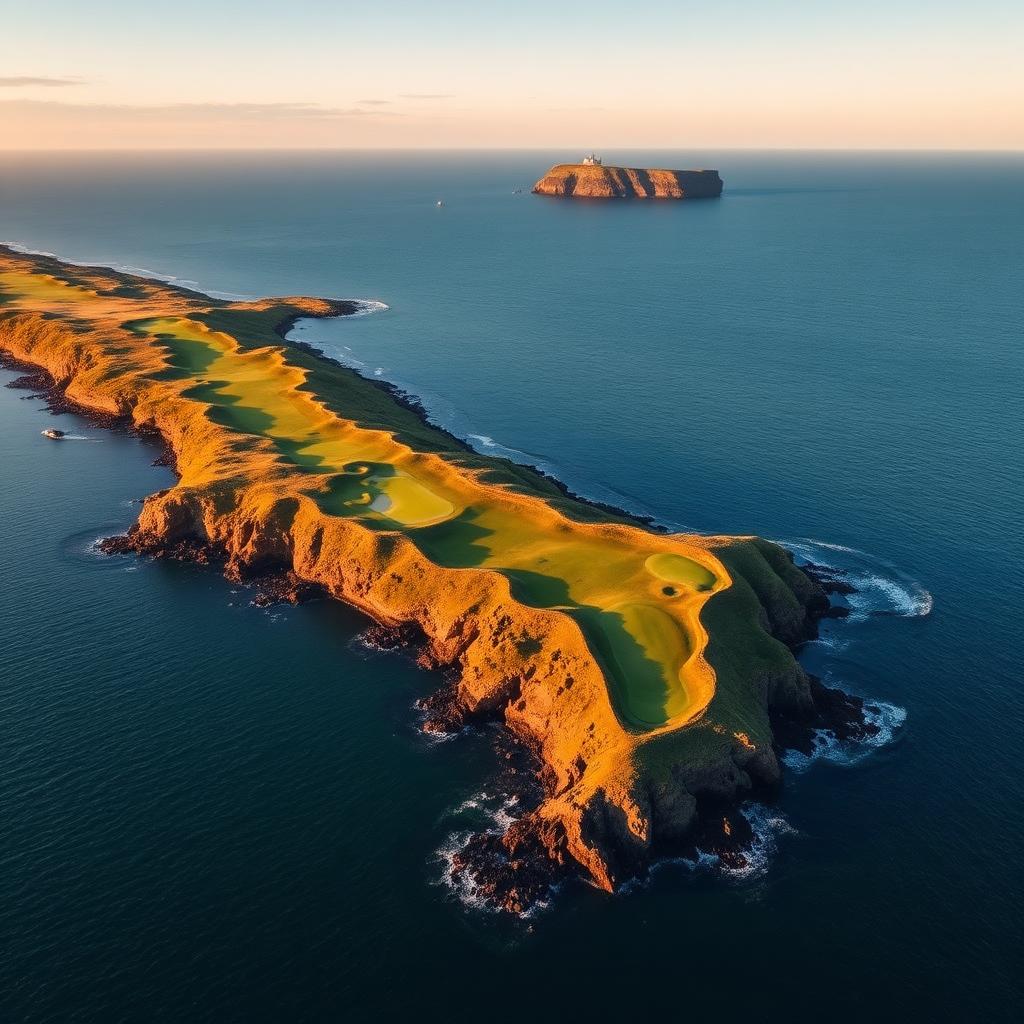 Aerial view of the Ailsa course at Turnberry with Ailsa Craig on the horizon