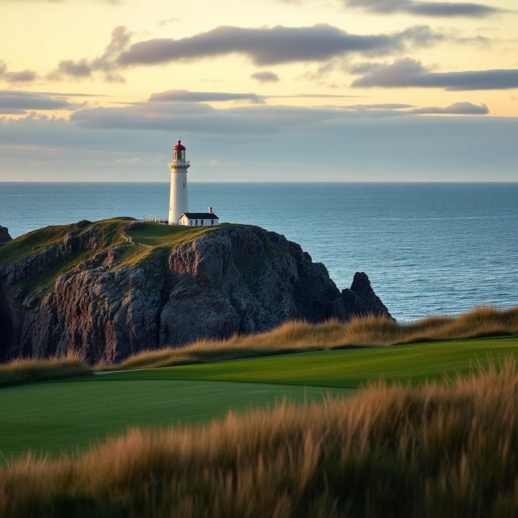 Turnberry lighthouse standing above the ninth green of the Ailsa links on the Ayrshire cliffs